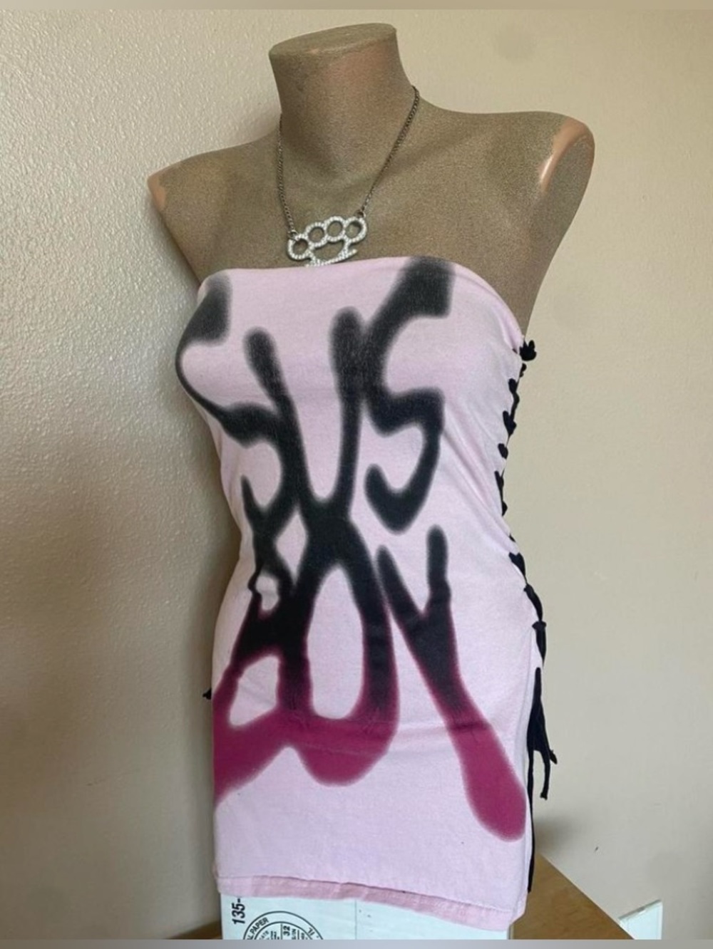 Handmade Sus Boy Pink & Black Tube Top with Lace Up Sides & Cross on Back